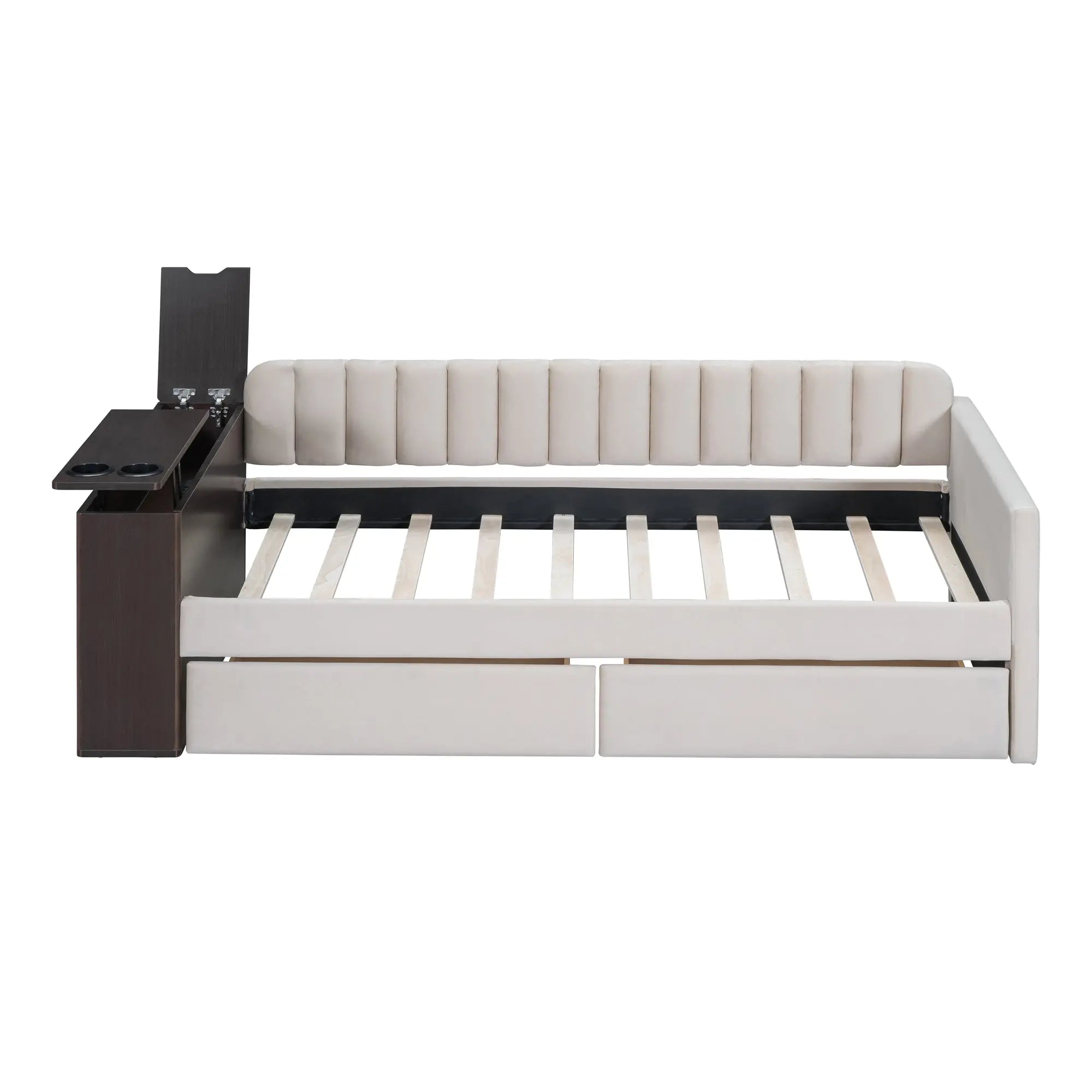 Bellemave® Twin Size Upholstered Daybed with Storage Armrest and 2 Drawers, Cup Holder and a set of USB Ports and Sockets Bellemave®