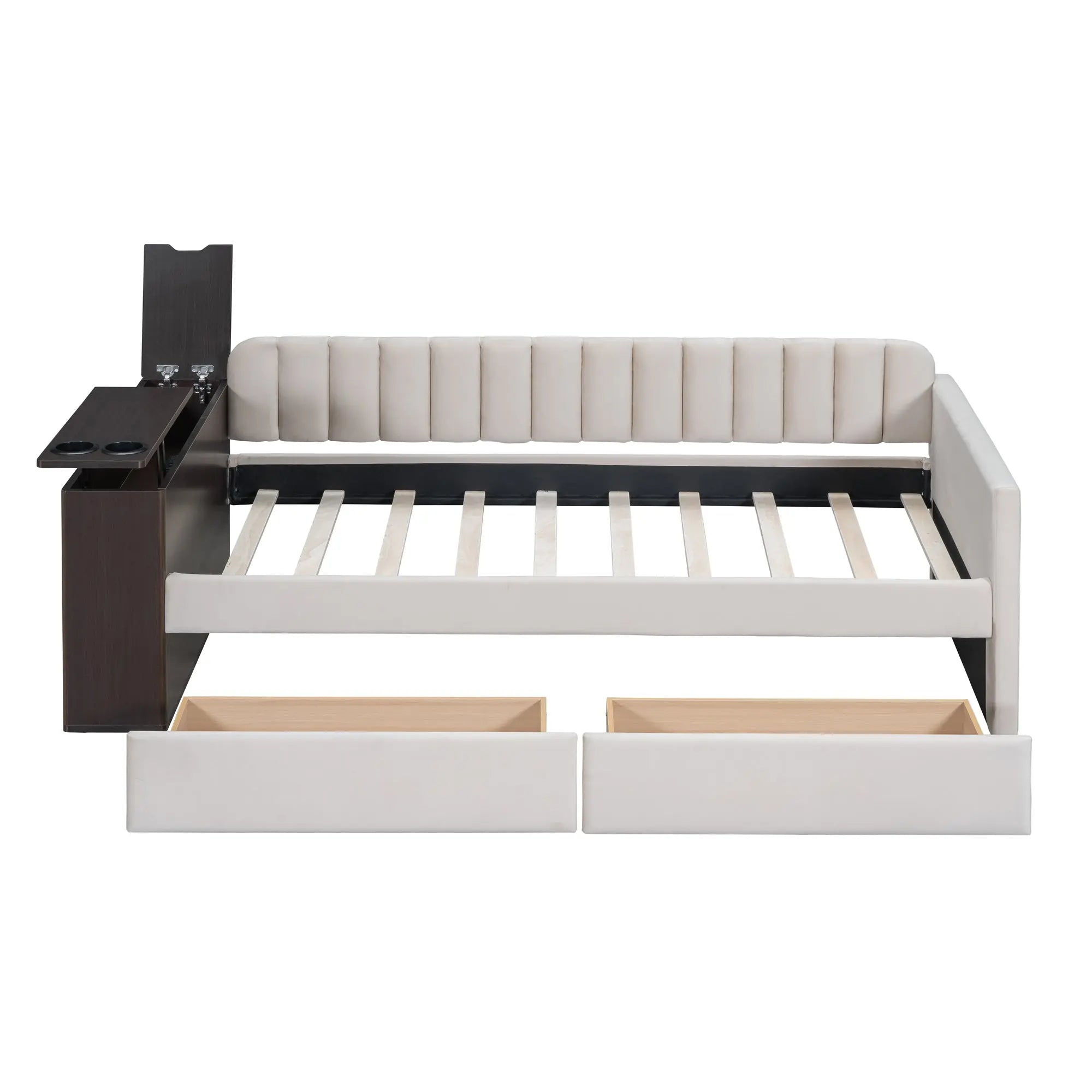 Bellemave® Twin Size Upholstered Daybed with Storage Armrest and 2 Drawers, Cup Holder and a set of USB Ports and Sockets Bellemave®