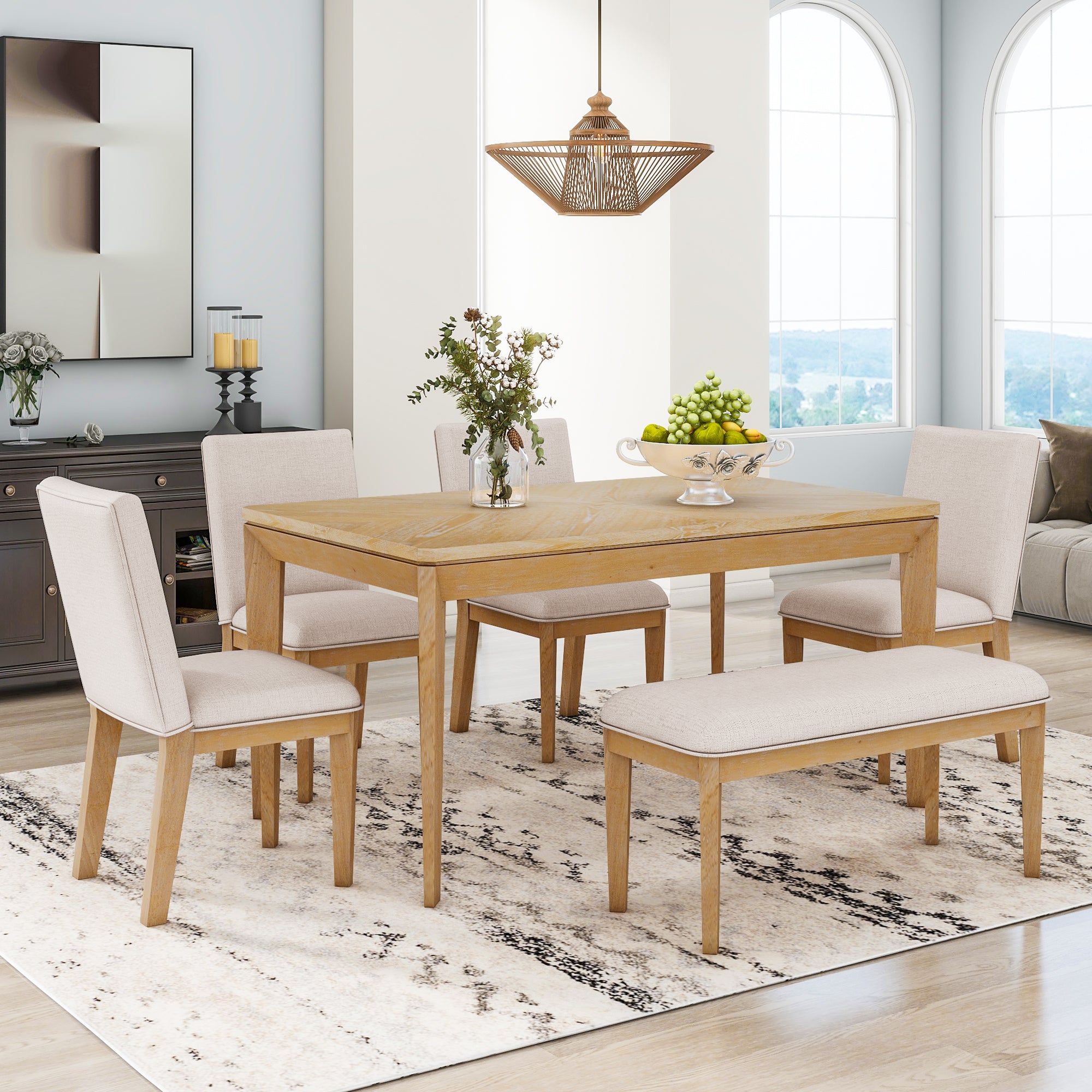 Bellemave 6-Piece Farmhouse Dining Table Set with Upholstered Dining Chairs and Bench Bellemave