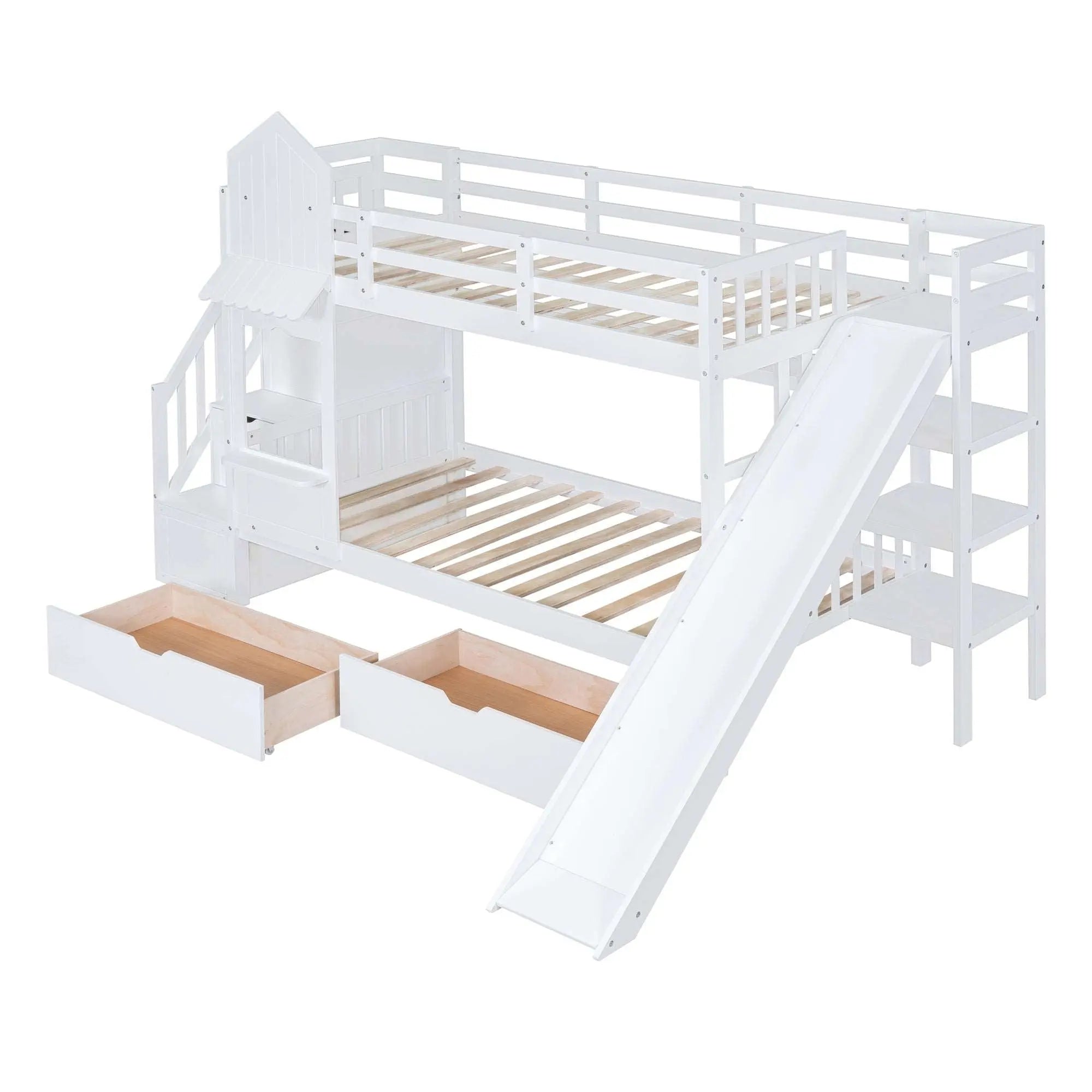 Bellemave Castle Style Bunk Bed with 2 Drawers 3 Shelves and Slide