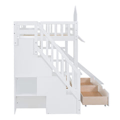 Bellemave® Castle Style Bunk Bed with 2 Drawers 3 Shelves and Slide