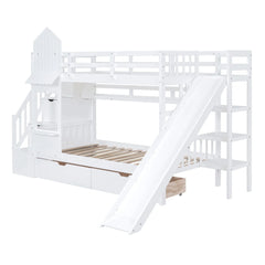 Bellemave® Castle Style Bunk Bed with 2 Drawers 3 Shelves and Slide