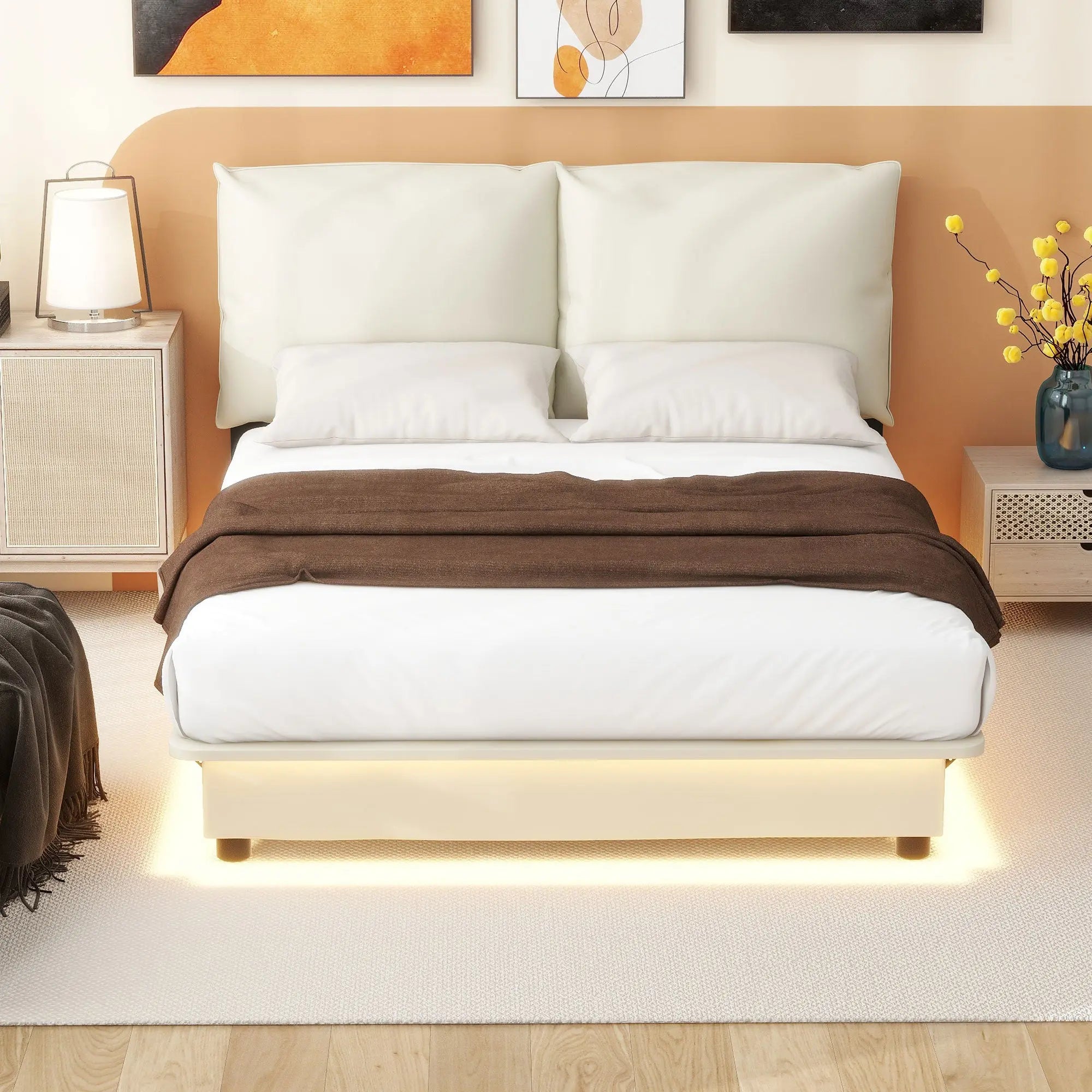 Bellemave® Upholstered Platform Bed with Sensor Light and Ergonomic Design Backrests Bellemave®