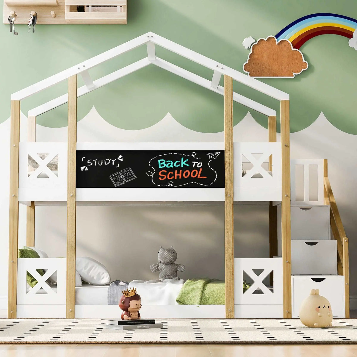 Bellemave Twin Size House Bunk Bed with White Storage Staircase and Blackboards