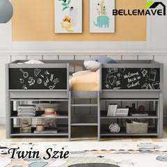 Bellemave® Twin Size Low Loft Bed with Decorative Guardrail Chalkboard