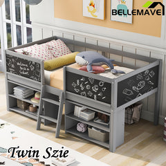 Bellemave® Twin Size Low Loft Bed with Decorative Guardrail Chalkboard