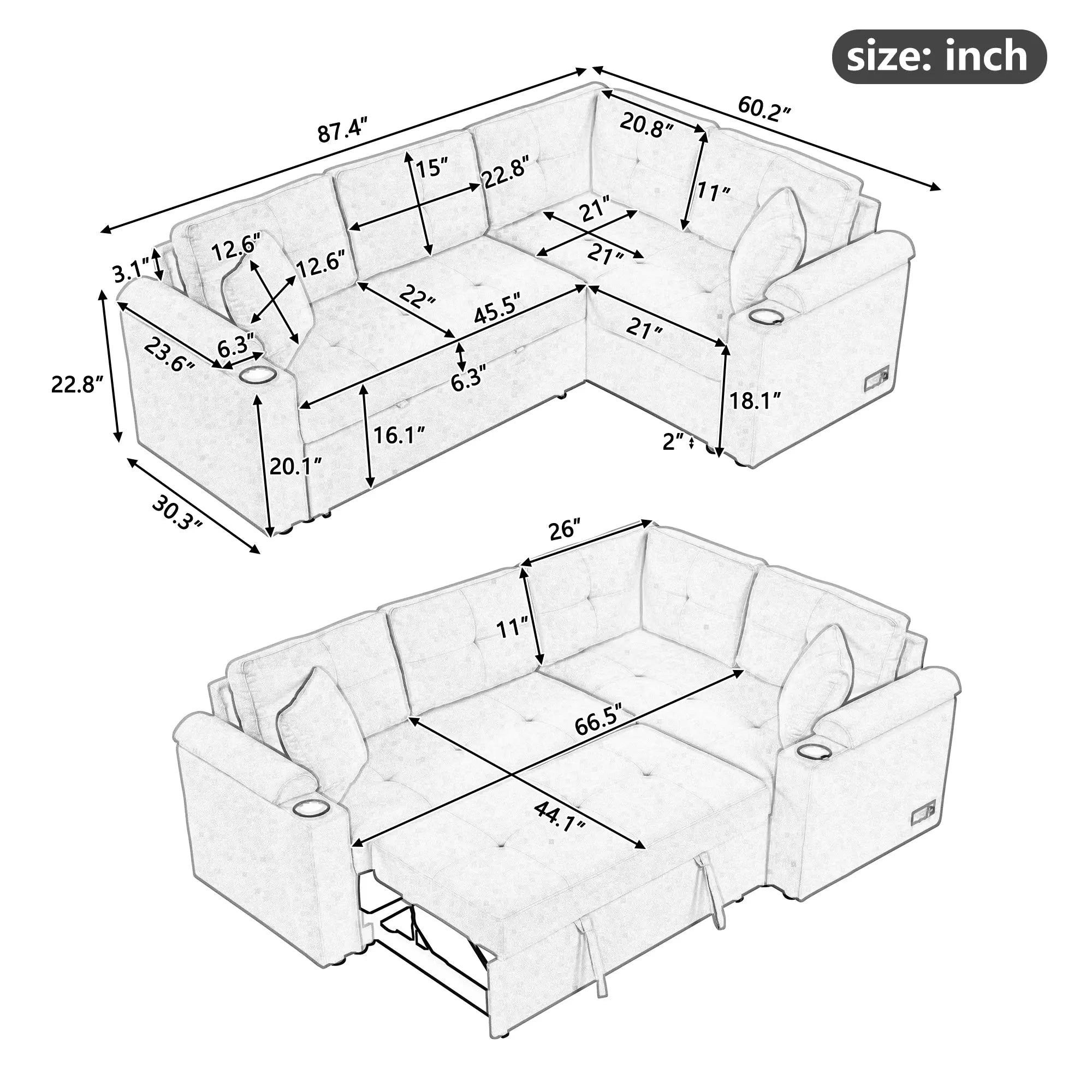 Bellemave® 87.4" L-shape Pull-out Sleeper Sofa with Wheels, USB Ports, Power Sockets Bellemave®