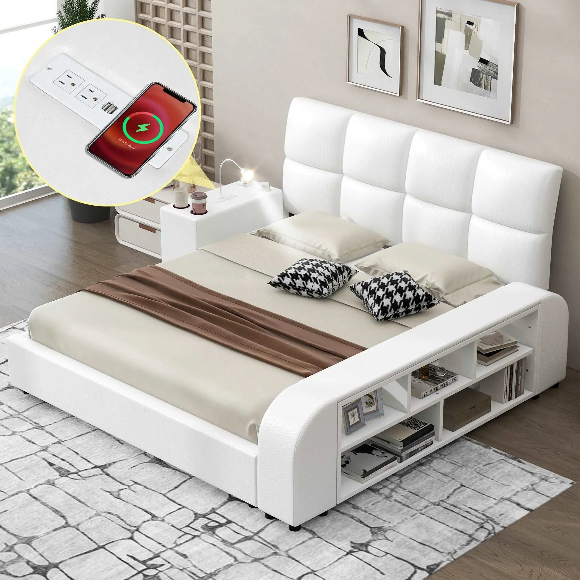 Bellemave Queen Size Upholstered Platform Bed with Multimedia Nightstand and Storage Shelves