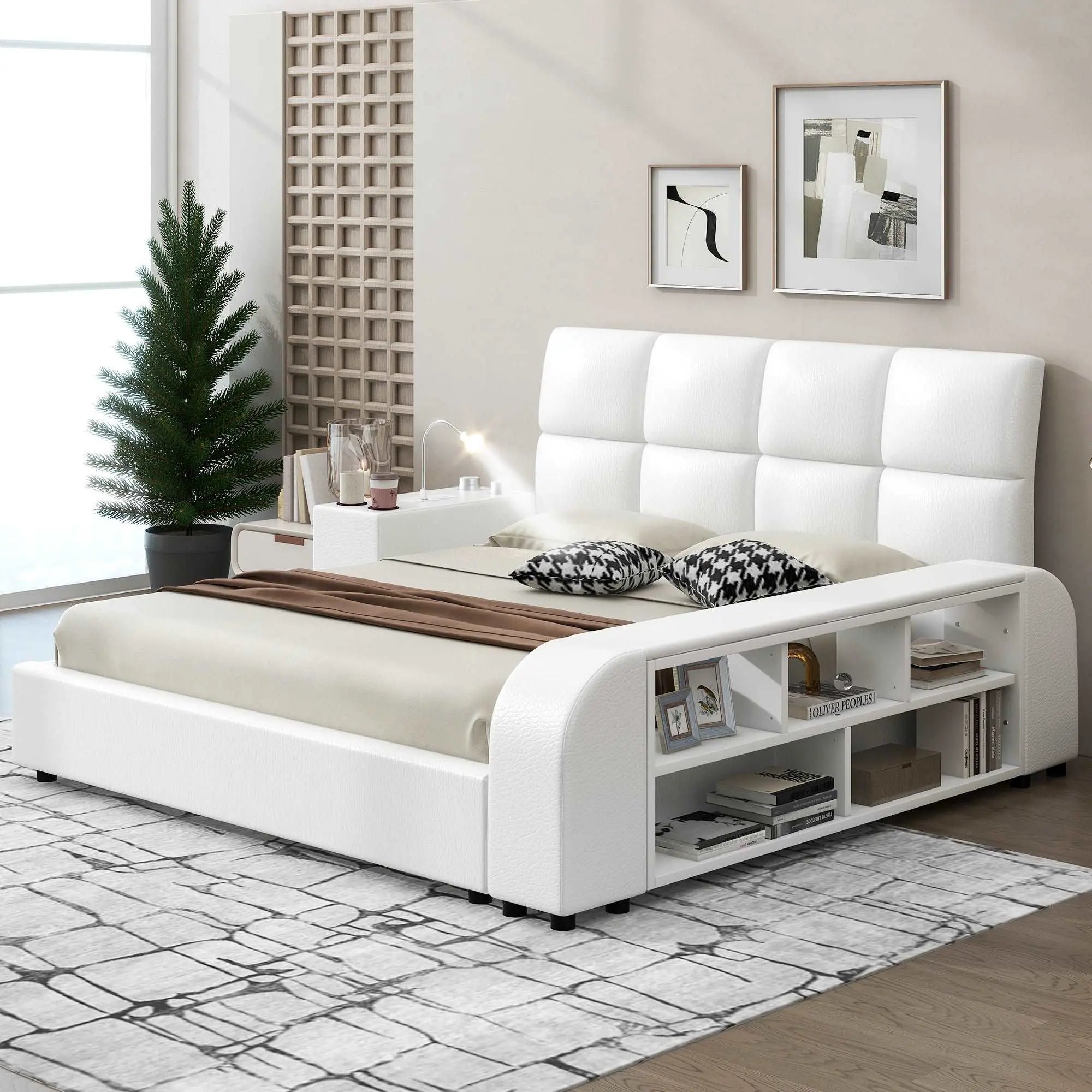 Bellemave Queen Size Upholstered Platform Bed with Multimedia Nightstand and Storage Shelves