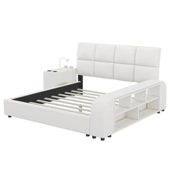 Bellemave® Queen Size Upholstered Platform Bed with Multimedia Nightstand and Storage Shelves Bellemave®