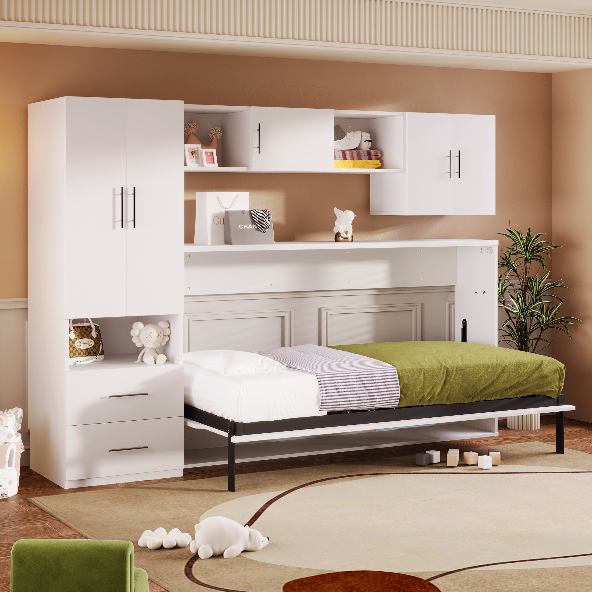 Bellemave Twin Size Murphy Bed with Open Shelves and Storage Drawers,Built-in Wardrobe and Table