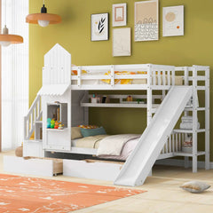 Bellemave Castle Style Bunk Bed with 2 Drawers 3 Shelves and Slide