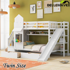 Bellemave® Castle Style Bunk Bed with 2 Drawers 3 Shelves and Slide