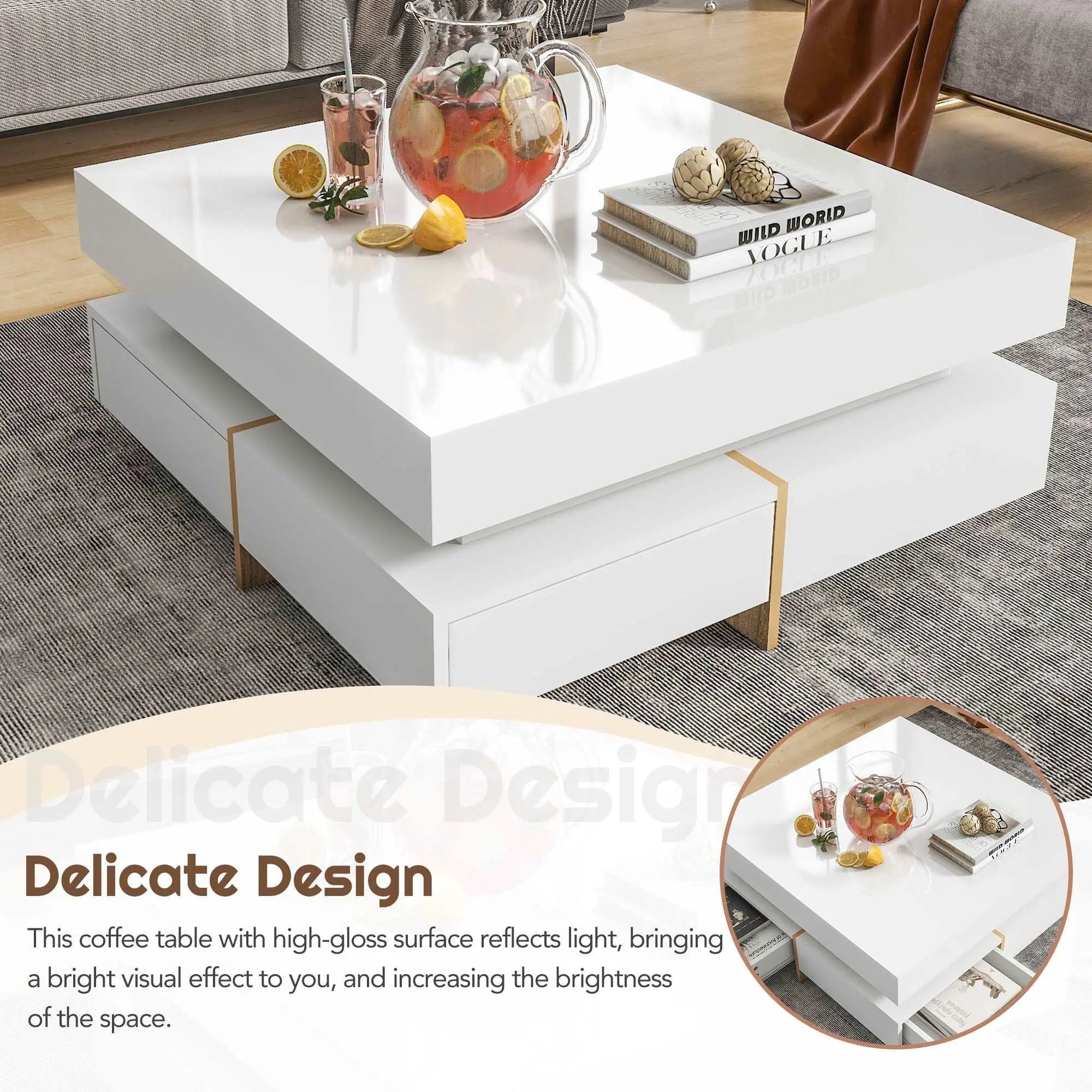 Bellemave 31.5" Multi-Storage Square Cocktail Tea Table with 4 Drawers and Wood Grain Legs