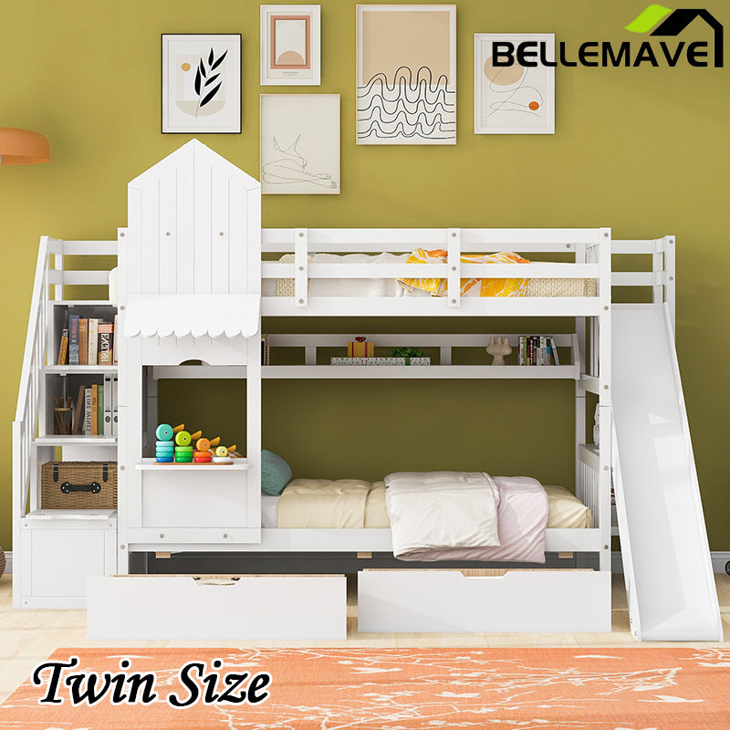 Bellemave® Castle Style Bunk Bed with 2 Drawers 3 Shelves and Slide