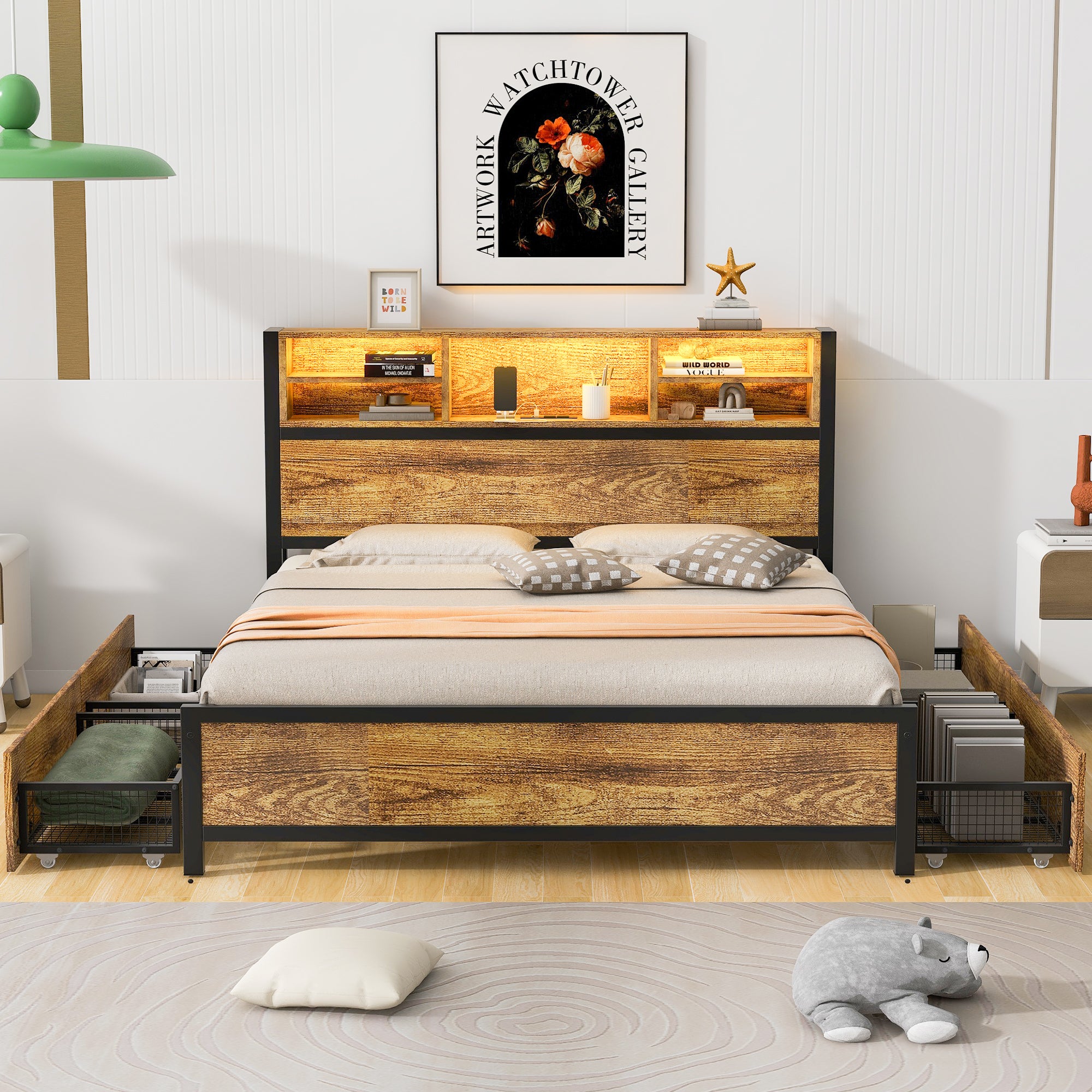 Bellemave Metal Platform Bed With 4 drawers, Sockets and USB Ports