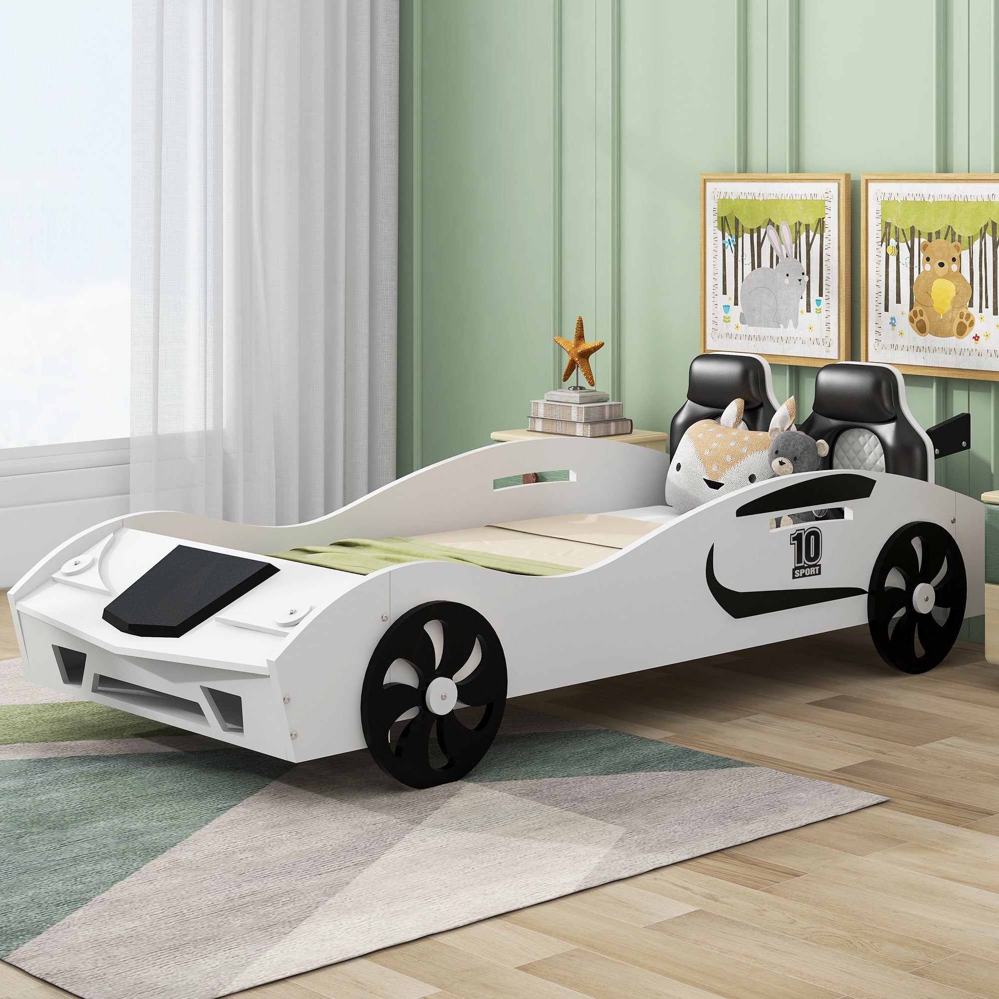 Bellemave Twin Size Race Car-Shaped Platform Bed with Upholstered Backrest and Storage