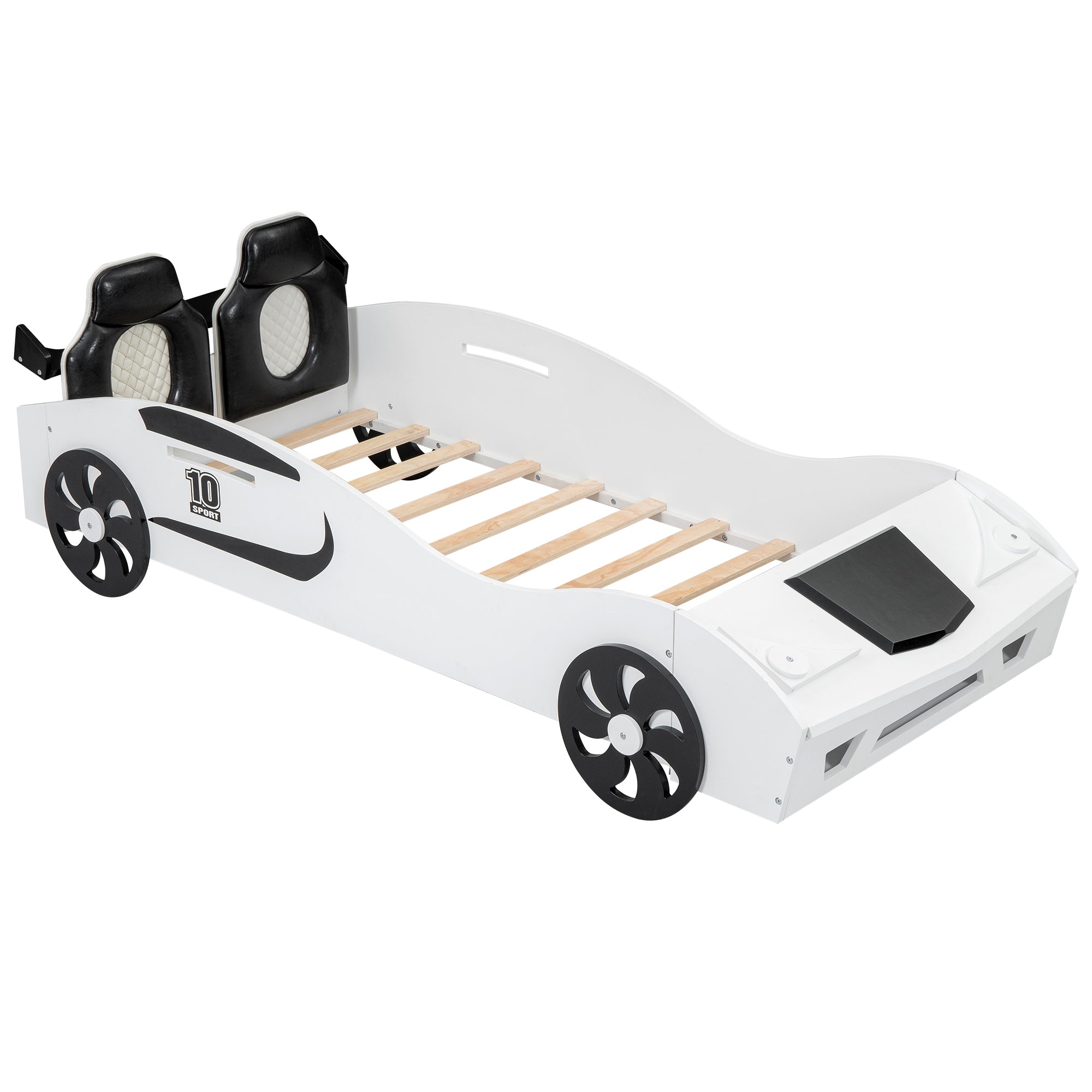 Bellemave Twin Size Race Car-Shaped Platform Bed with Upholstered Backrest and Storage