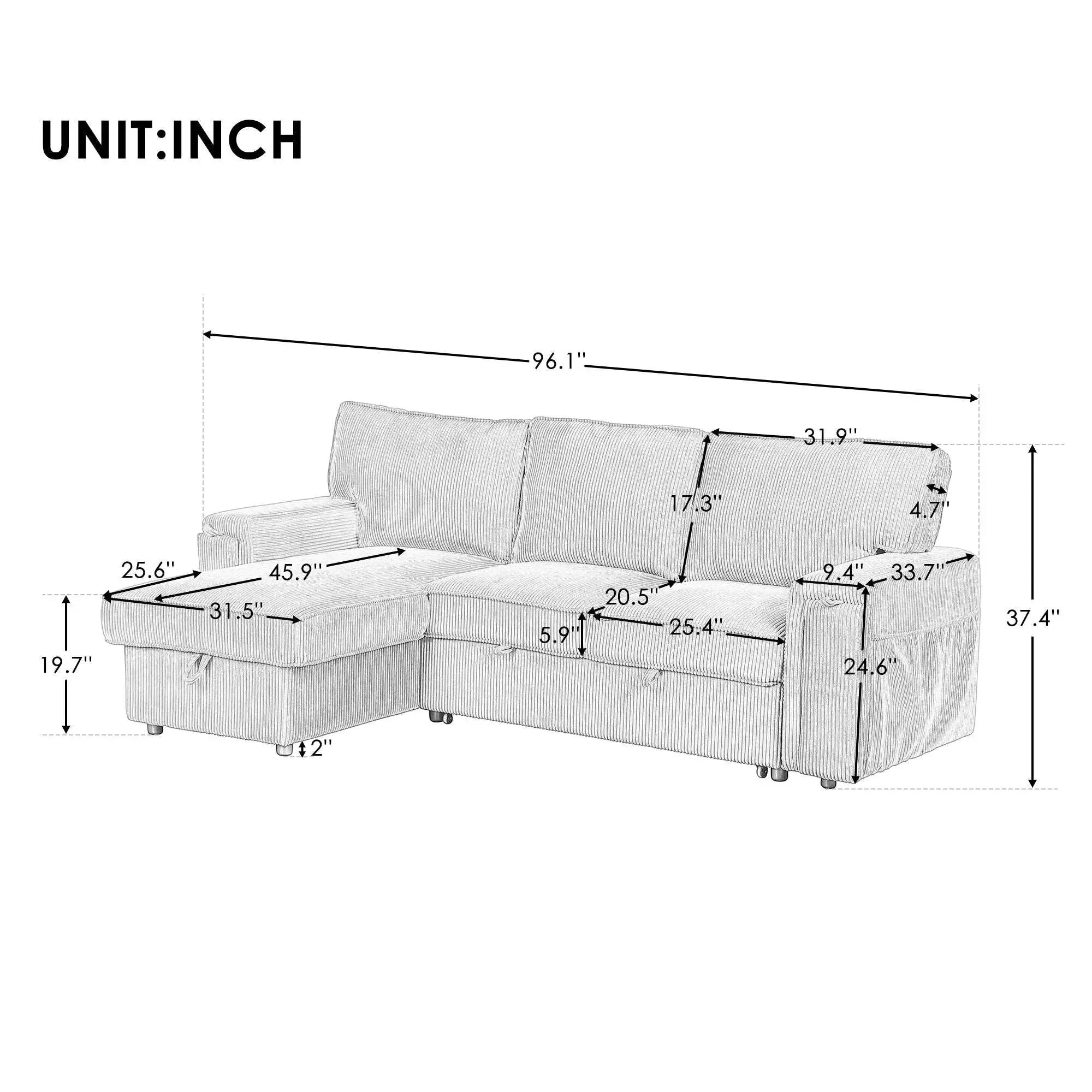 Bellemave 96.1" Upholstery Sleeper Sectional Sofa with Storage Bags and 2 cup holders on Arms