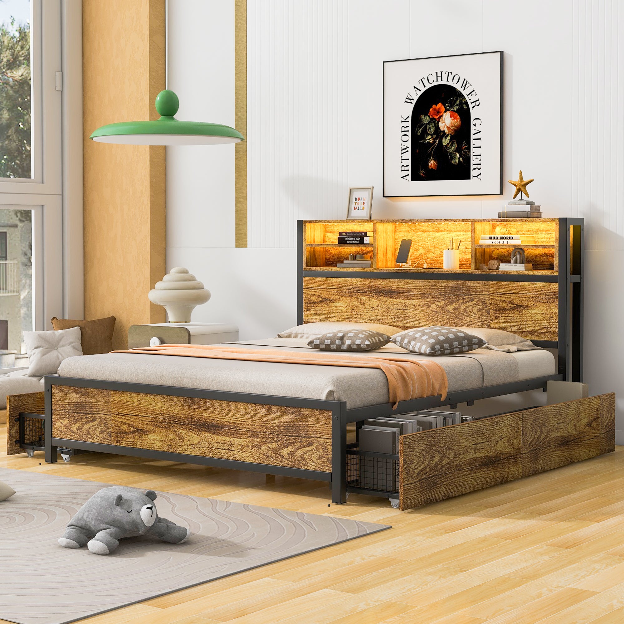 Bellemave Metal Platform Bed With 4 drawers, Sockets and USB Ports