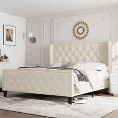 Bellemave® Velvet Upholstered Platform Bed with Wingback Headboard and Wood Slat Support Bellemave®