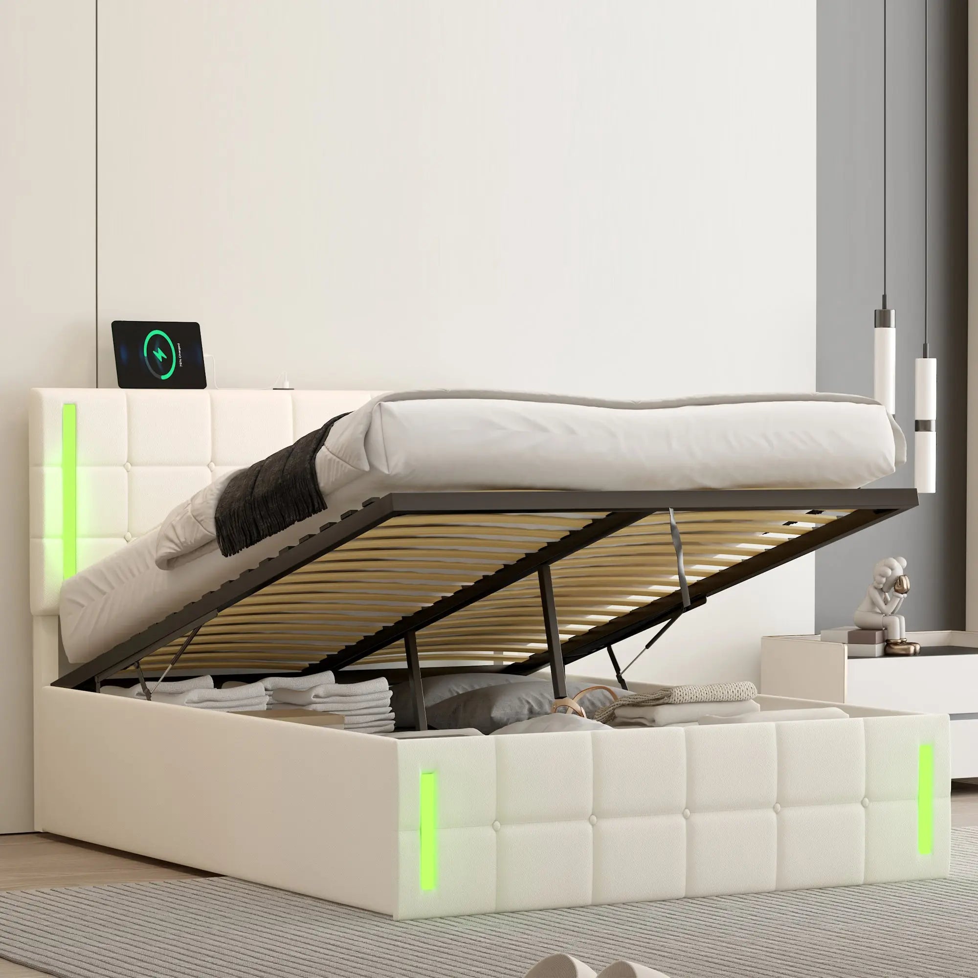 Bellemave® Upholstered Bed with LED Lights,Hydraulic Storage System and USB Charging Station Bellemave®