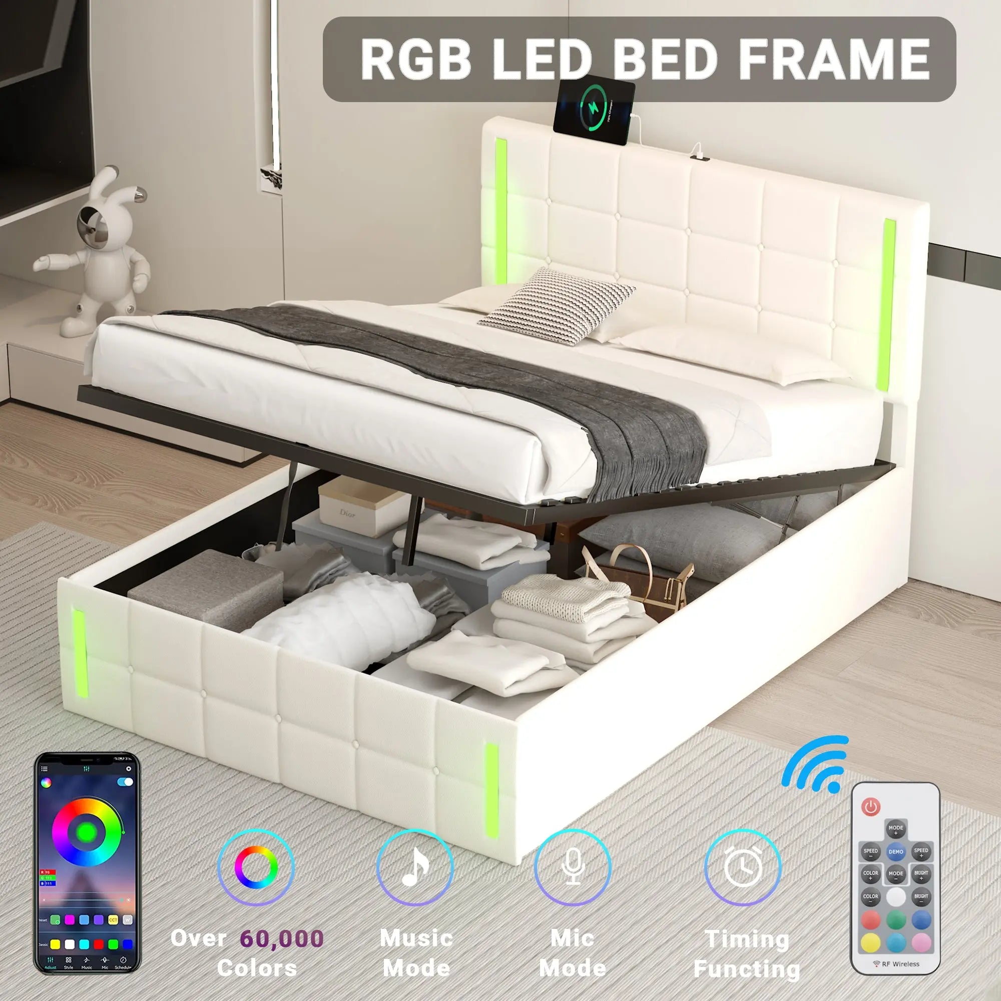 Bellemave® Upholstered Bed with LED Lights,Hydraulic Storage System and USB Charging Station Bellemave®