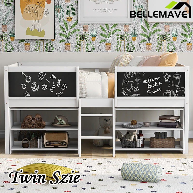 Bellemave® Twin Size Low Loft Bed with Decorative Guardrail Chalkboard