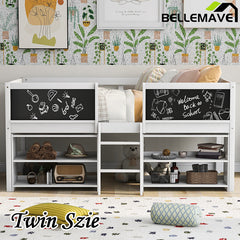 Bellemave® Twin Size Low Loft Bed with Decorative Guardrail Chalkboard