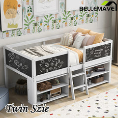 Bellemave® Twin Size Low Loft Bed with Decorative Guardrail Chalkboard