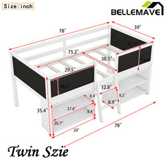 Bellemave® Twin Size Low Loft Bed with Decorative Guardrail Chalkboard