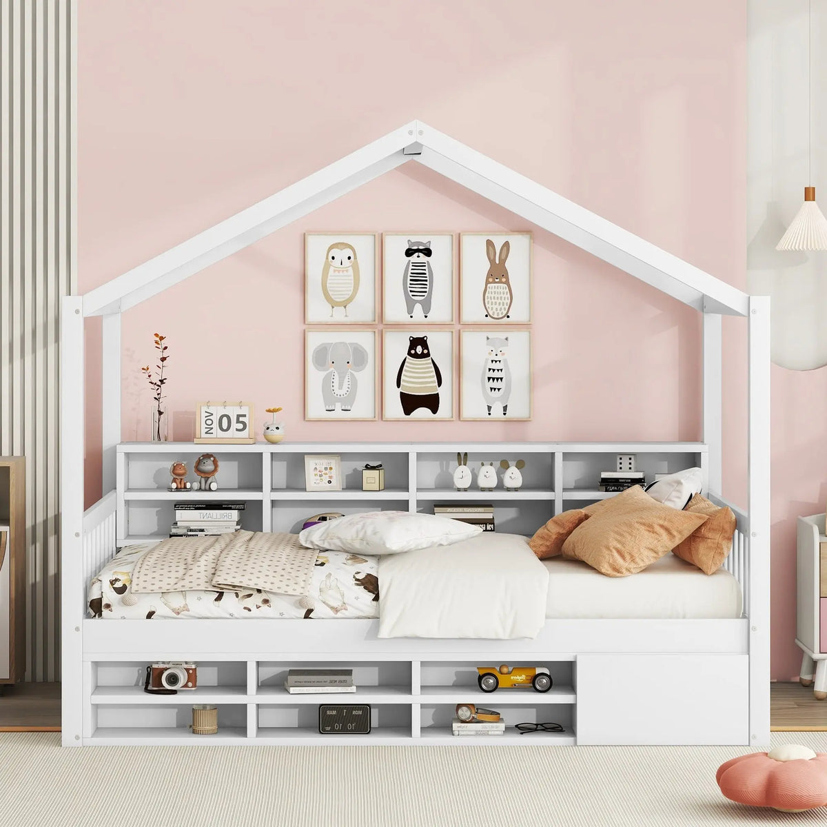 Bellemave® Wooden House Bed with Shelves and a Mini-cabinet Bellemave®