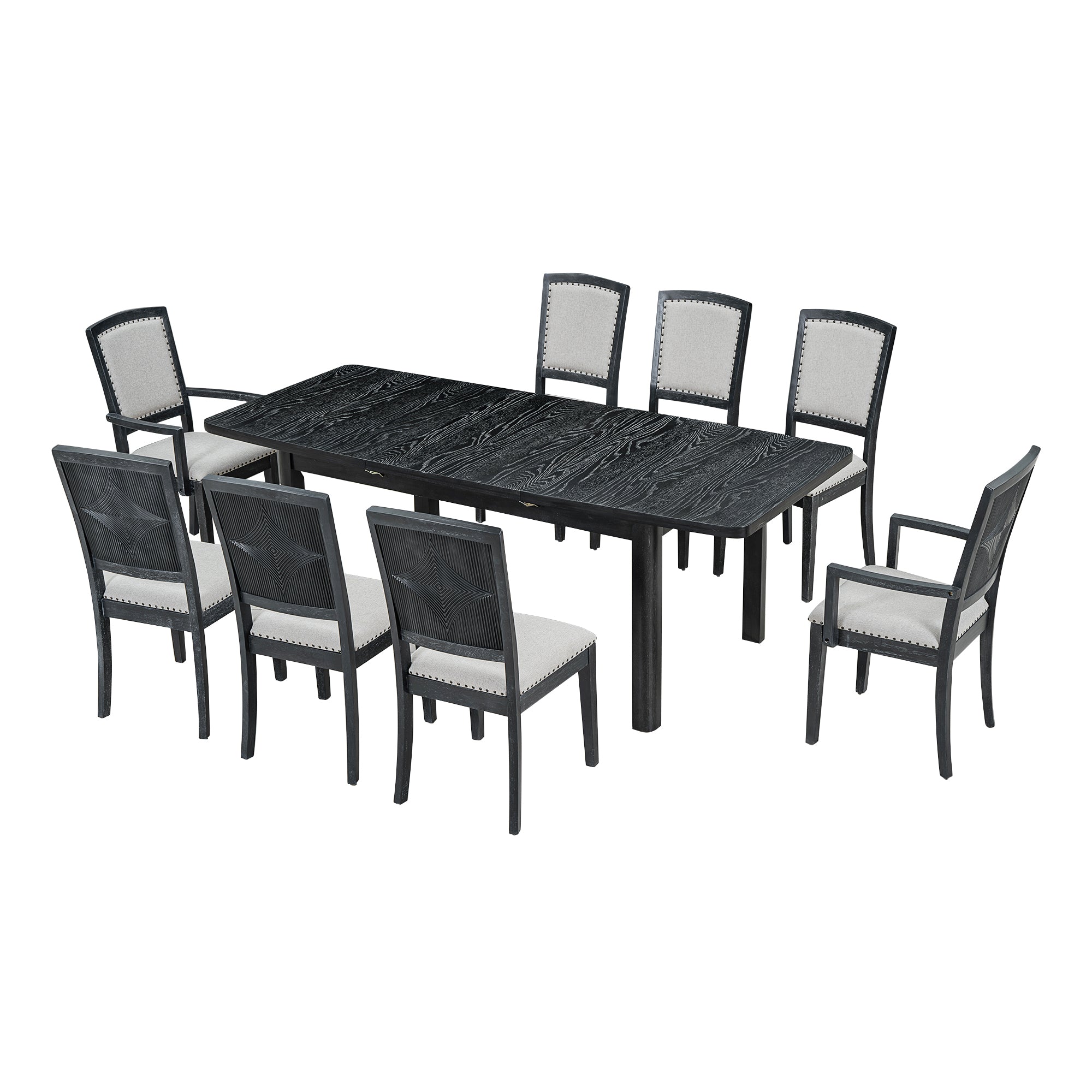 Bellemave 9-Pieces Rustic Extendable Dining Table Set with Removable Leaf , 6 Upholstered Armless Dining Chairs and 2 Padded Arm Chairs Bellemave