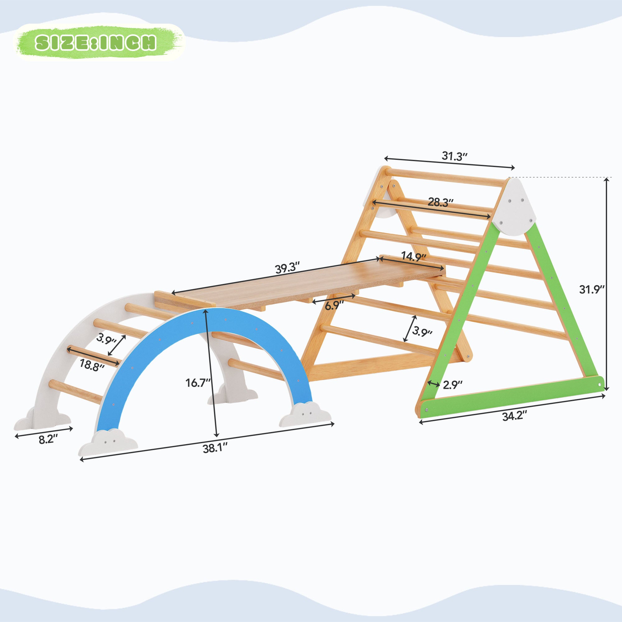 Bellemave® Wooden Climbing Triangle Toys - Indoor Arc Climber Jungle with Ramp and Arch Toy Rocker, Reversible Multifunction Playset Natural Wood Playground Bellemave®