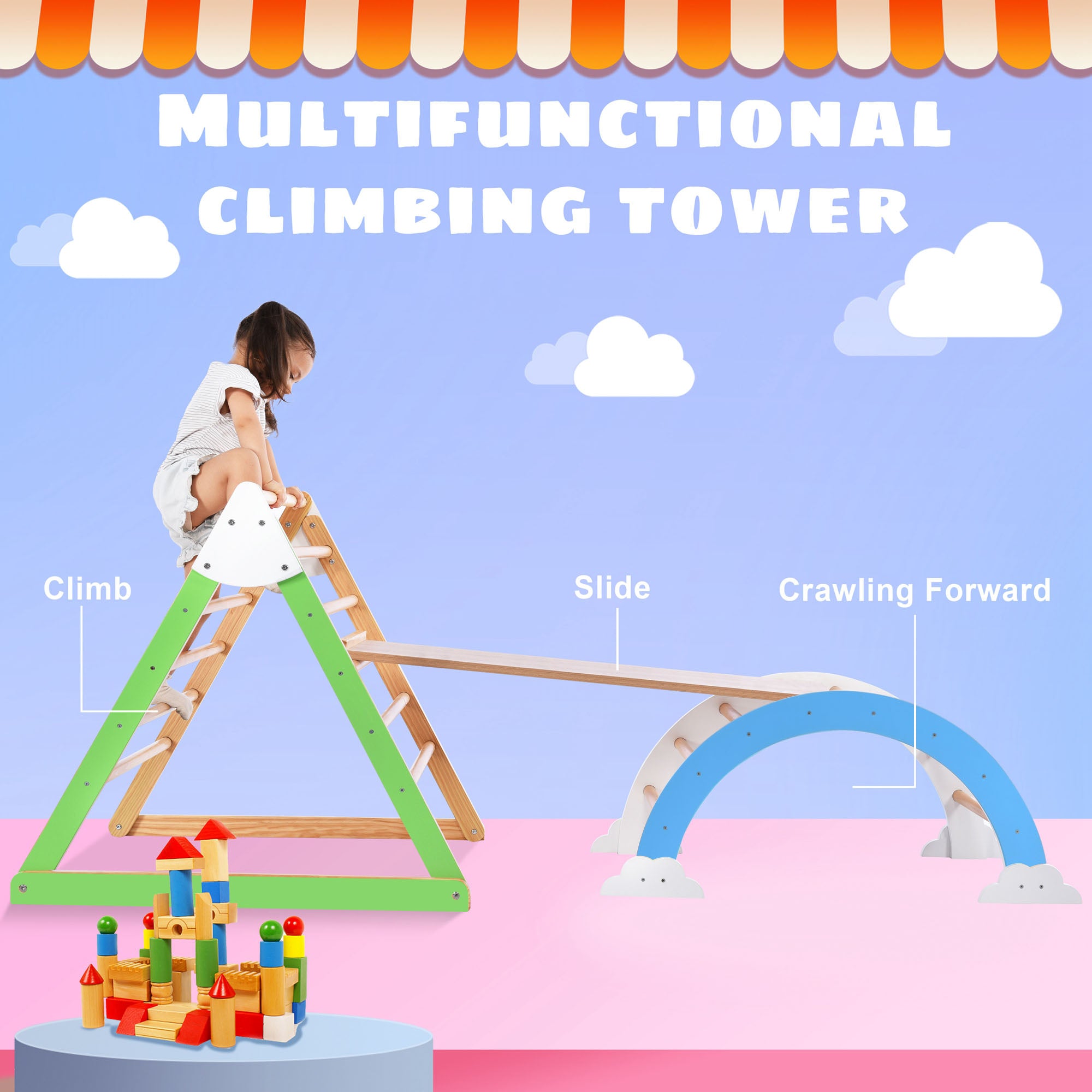 Bellemave® Wooden Climbing Triangle Toys - Indoor Arc Climber Jungle with Ramp and Arch Toy Rocker, Reversible Multifunction Playset Natural Wood Playground Bellemave®