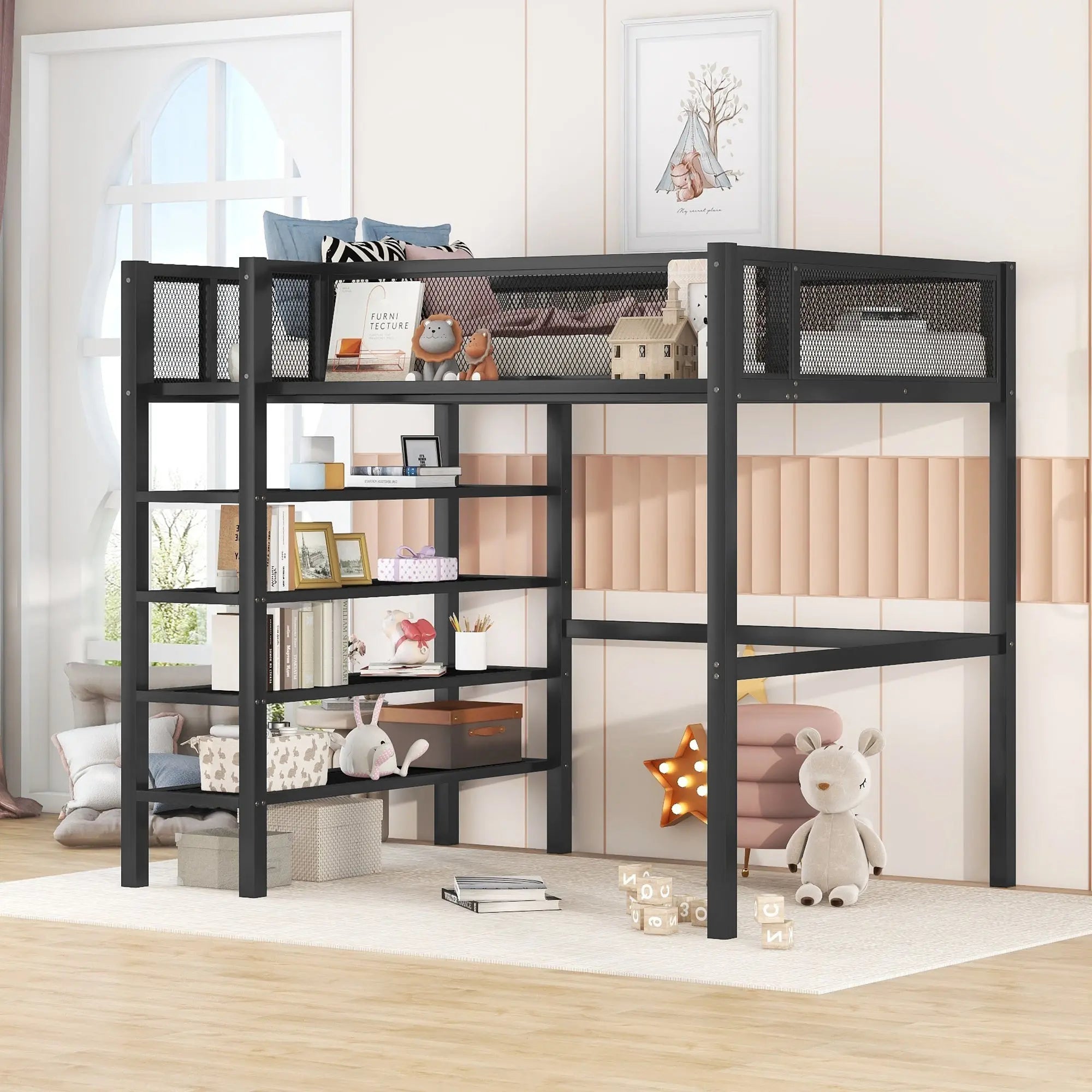 Bellemave® Metal Loft Bed with 4-Tier Shelves and Storage Bellemave®