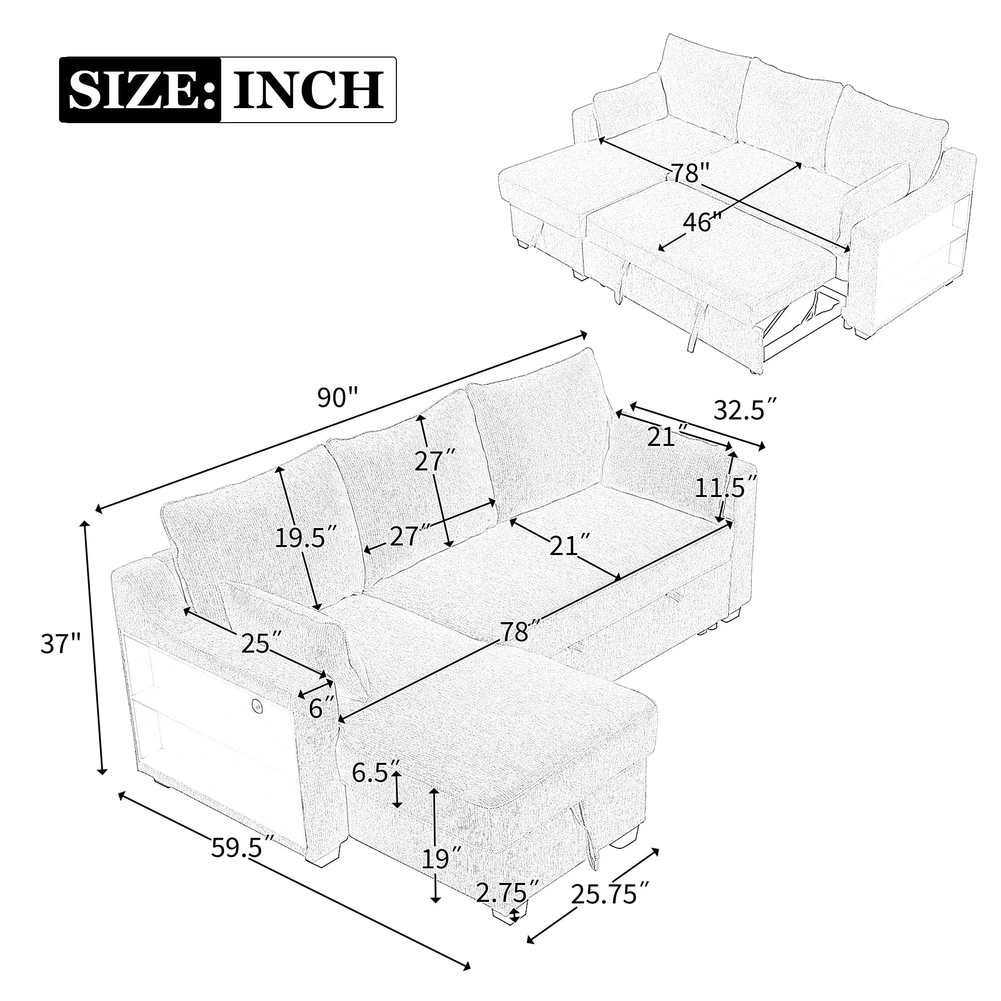 Bellemave® 90" L-Shaped Couch Convertible Sofa Bed with Storage Chaise, Storage Racks and USB Ports Bellemave®