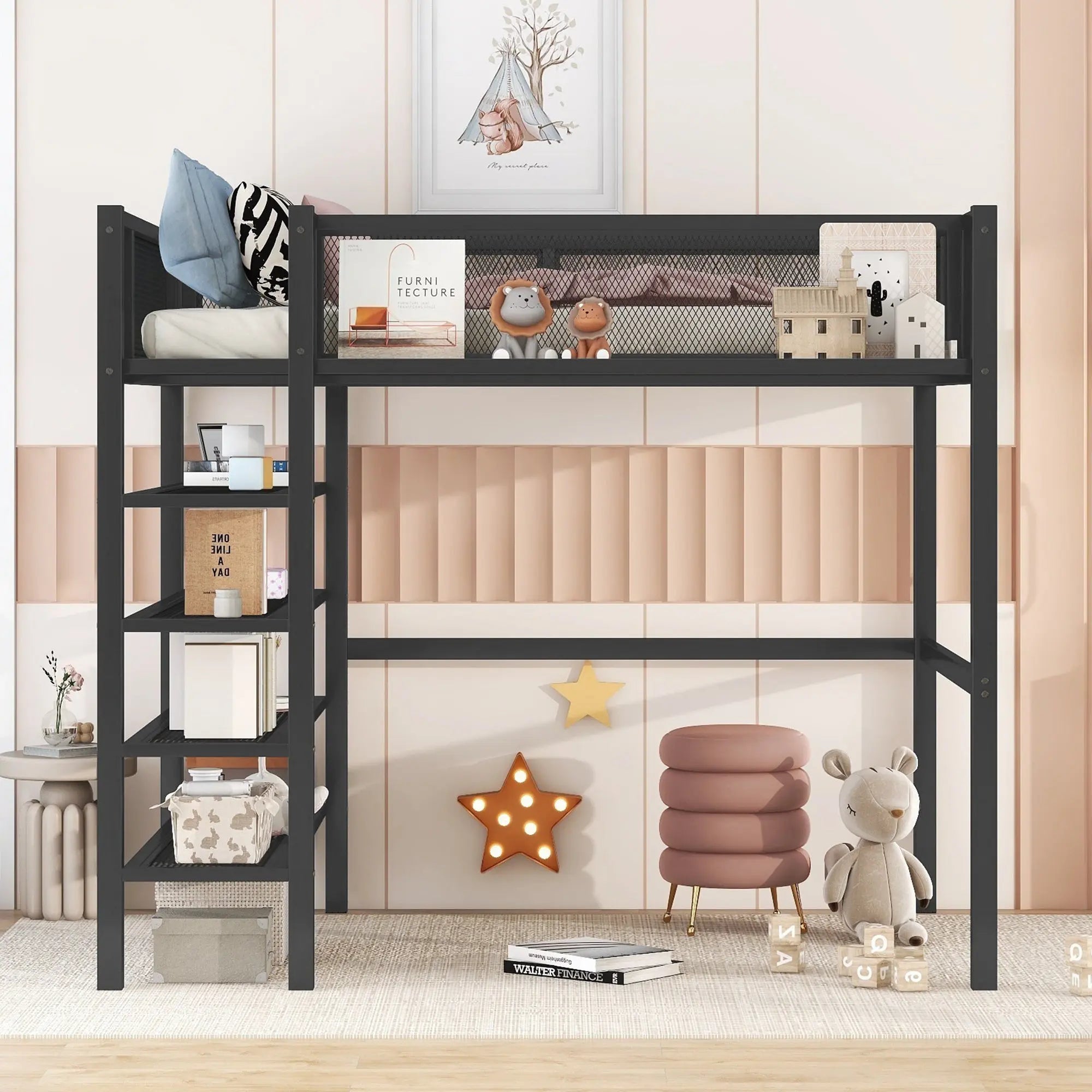 Bellemave® Metal Loft Bed with 4-Tier Shelves and Storage Bellemave®