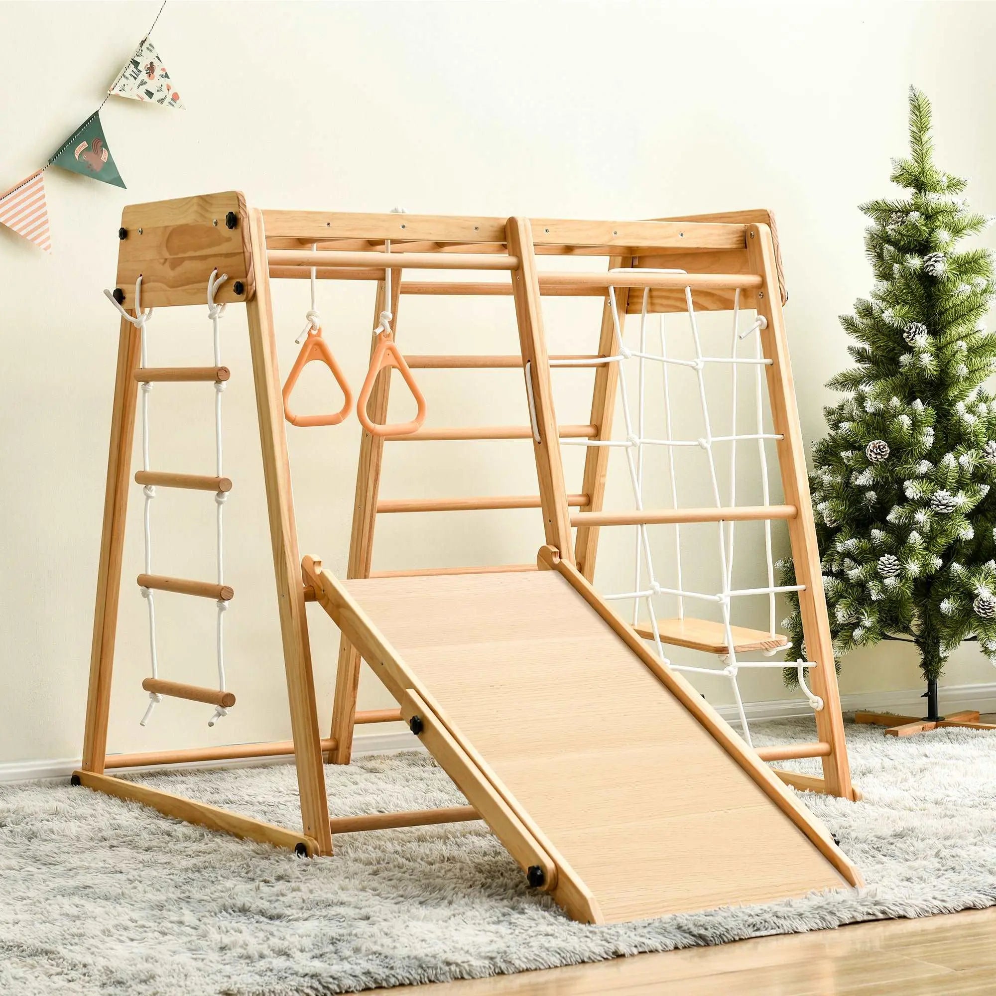 Bellemave Wooden Indoor Kids Playground Jungle Gym with Slide and Play Table, Toddlers Wooden Climber 8-in-1 Slide Playset, Wooden Rock Climbing Ladder with Rope Wall, Swing Rings, Monkey Bars and Swing