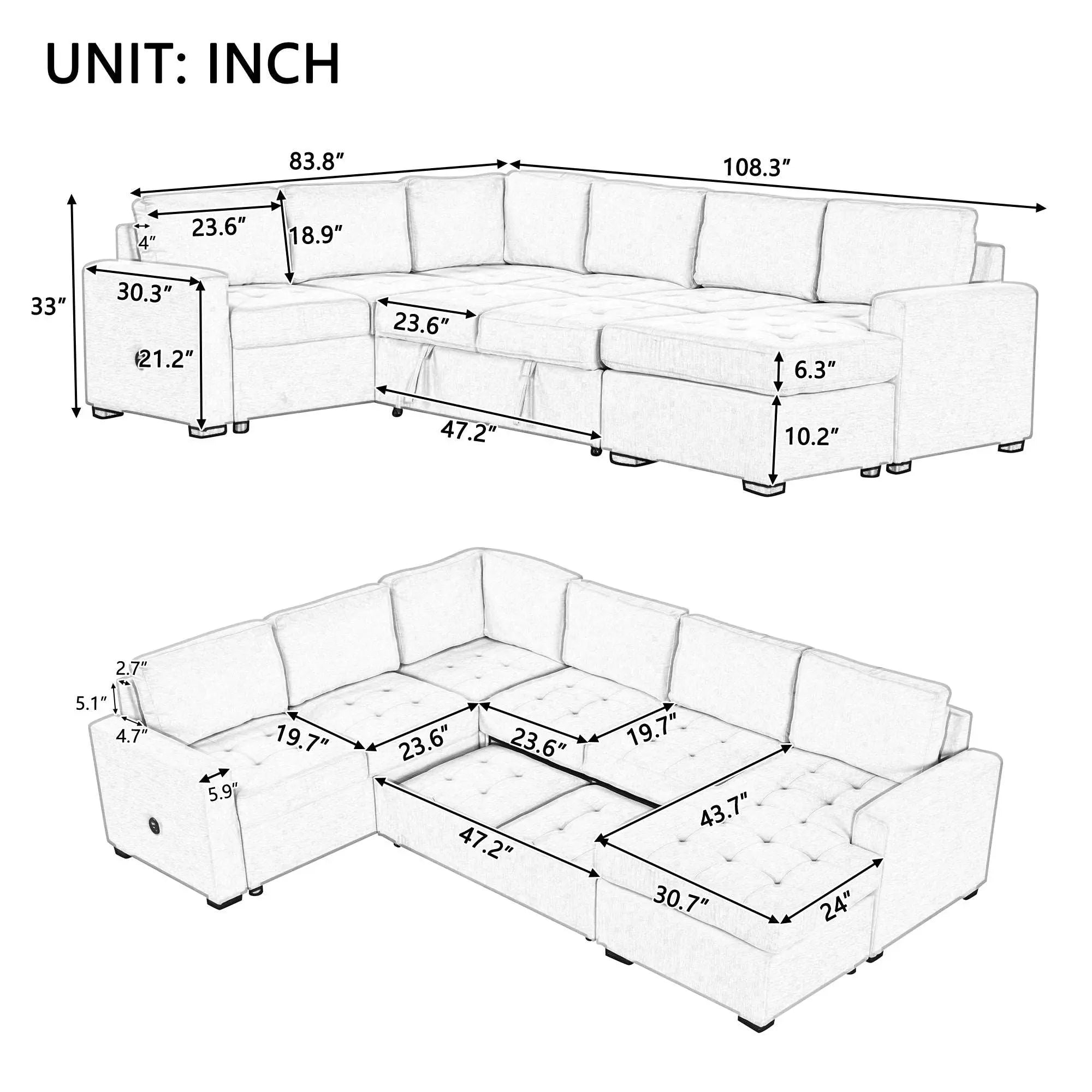 Bellemave 108.3" Modular Combination Sofa with Ottoman L-shaped Corner Combination, USB and Type-C Interfaces