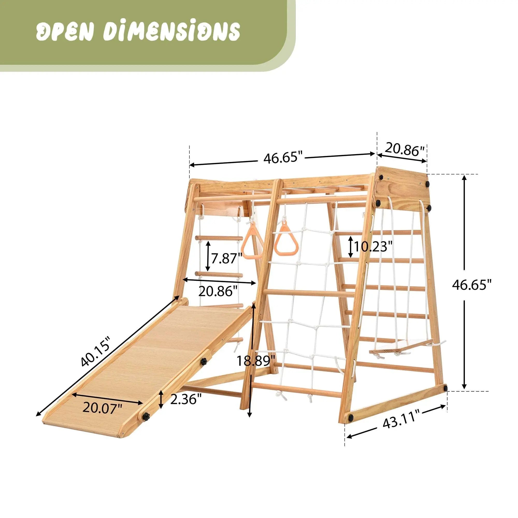 Bellemave Wooden Indoor Kids Playground Jungle Gym with Slide and Play Table, Toddlers Wooden Climber 8-in-1 Slide Playset, Wooden Rock Climbing Ladder with Rope Wall, Swing Rings, Monkey Bars and Swing