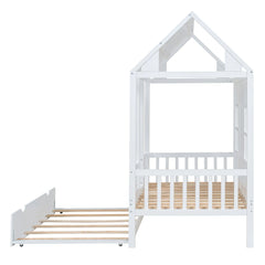 Bellemave® Wood House Bed With Twin Size Trundle