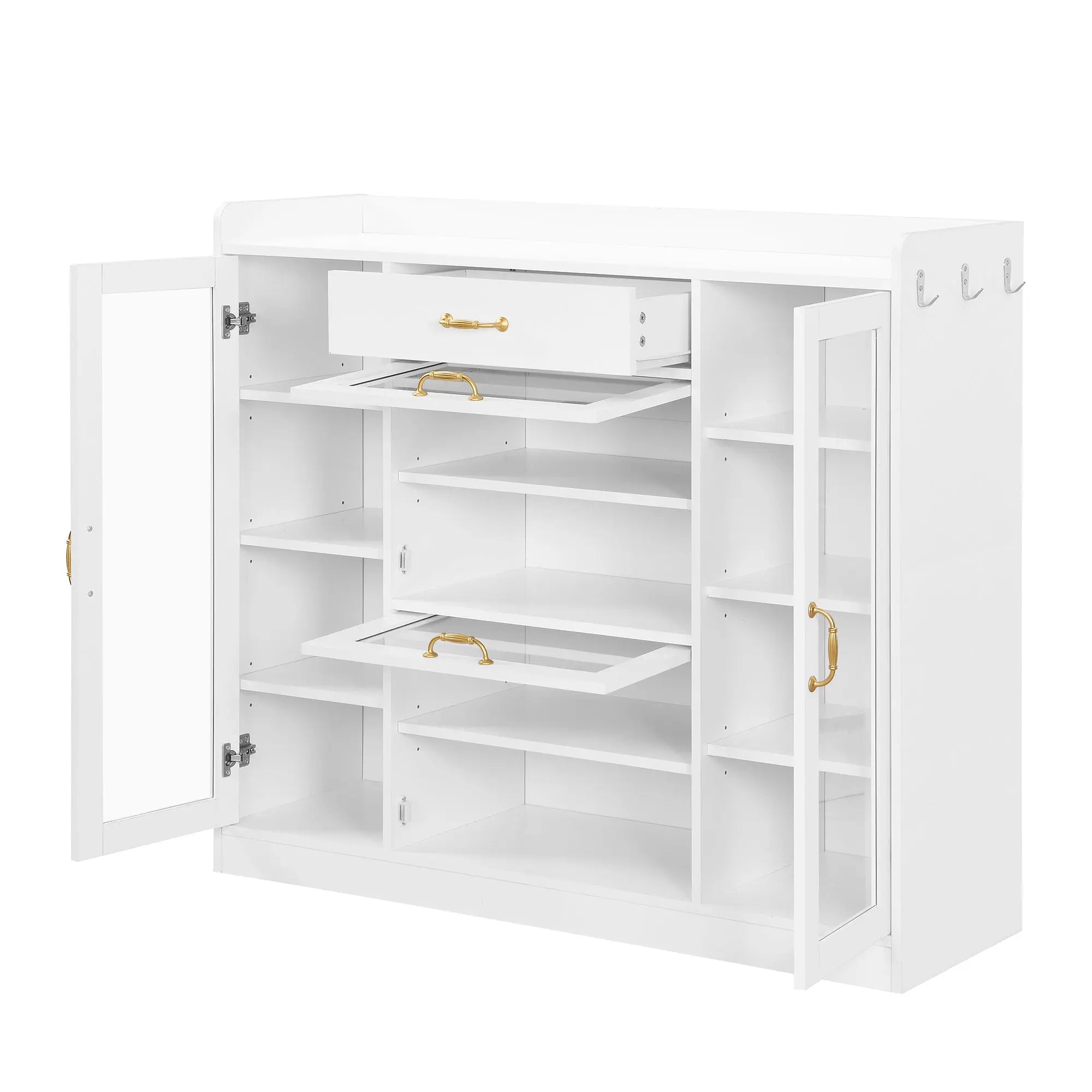 Bellemave® Modernist Side Cabinet with 4 Glass Doors & 3 Hooks, Multiple Adjustable Shelves and Gold Handles Bellemave®