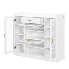 Bellemave® Modernist Side Cabinet with 4 Glass Doors & 3 Hooks, Multiple Adjustable Shelves and Gold Handles Bellemave®