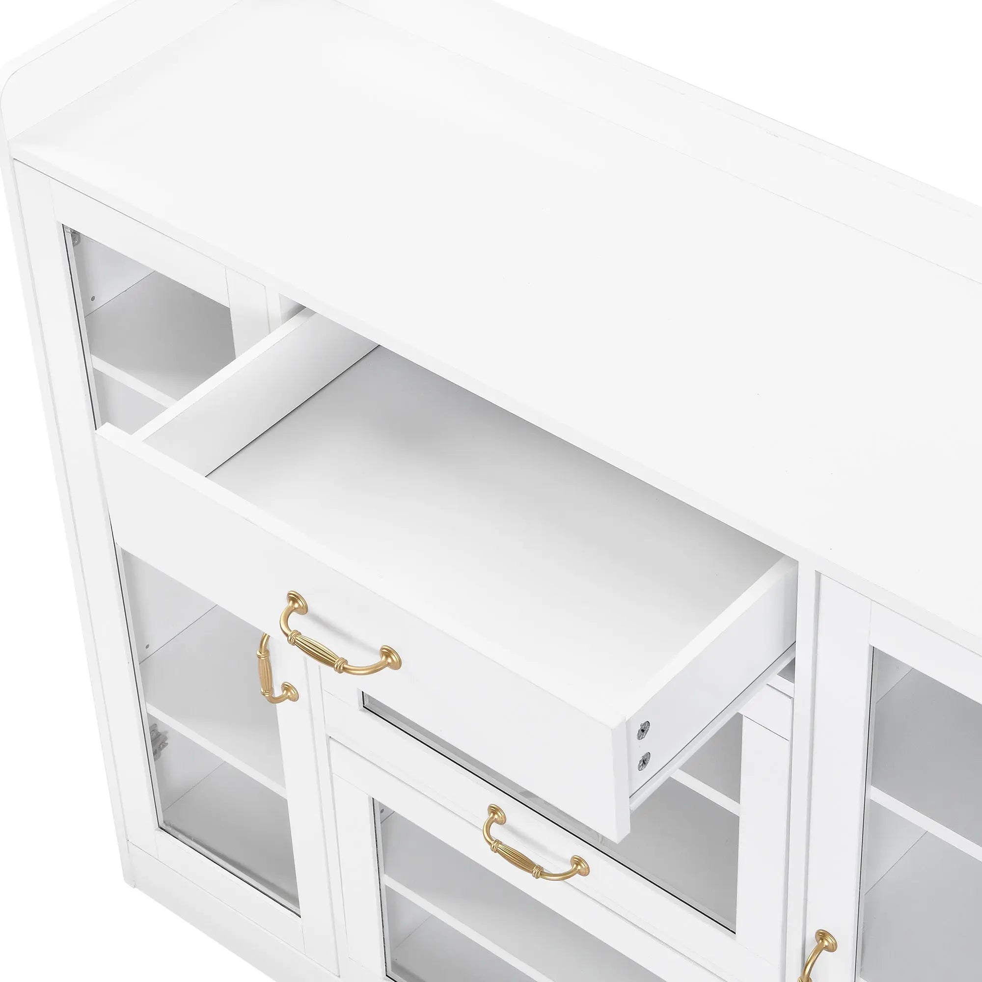 Bellemave® Modernist Side Cabinet with 4 Glass Doors & 3 Hooks, Multiple Adjustable Shelves and Gold Handles Bellemave®