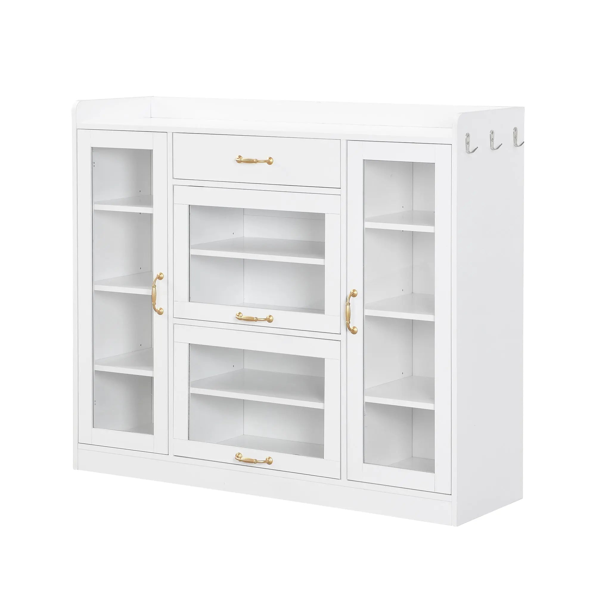 Bellemave® Modernist Side Cabinet with 4 Glass Doors & 3 Hooks, Multiple Adjustable Shelves and Gold Handles Bellemave®