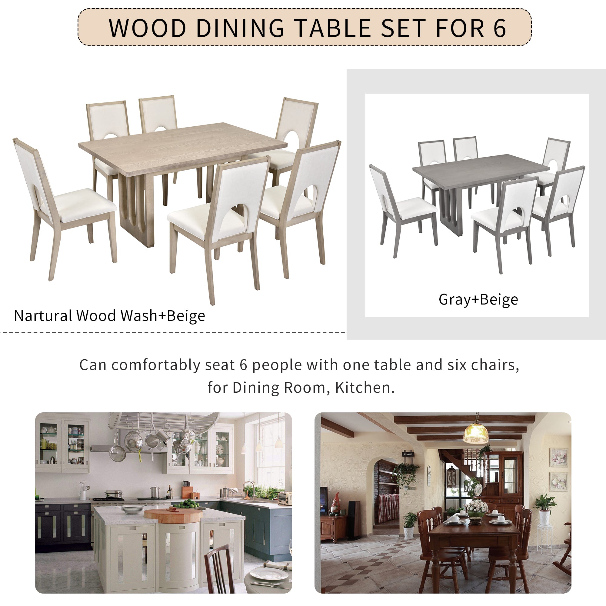 Bellemave 7-Piece Wood Dining Table Set, Farmhouse Rectangular Dining Table and 6 Upholstered Chairs Bellemave