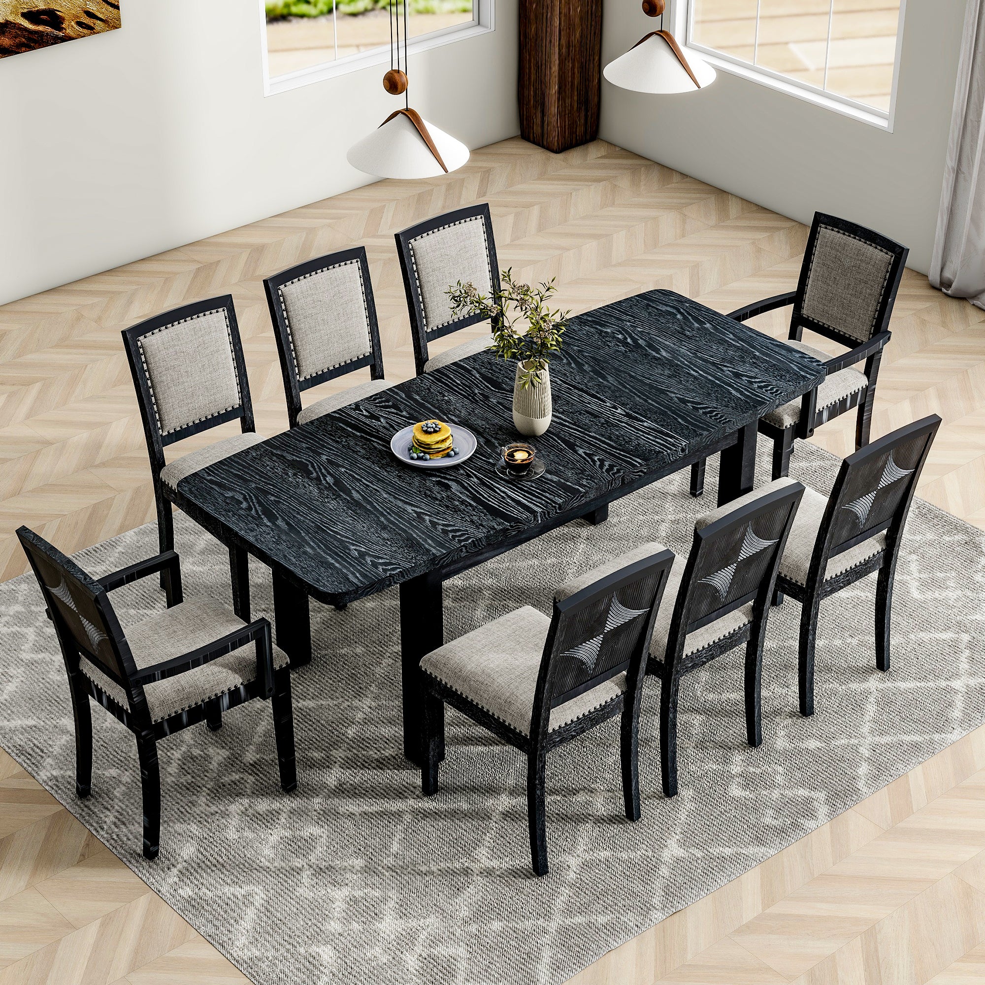 Bellemave 9-Pieces Rustic Extendable Dining Table Set with Removable Leaf , 6 Upholstered Armless Dining Chairs and 2 Padded Arm Chairs Bellemave
