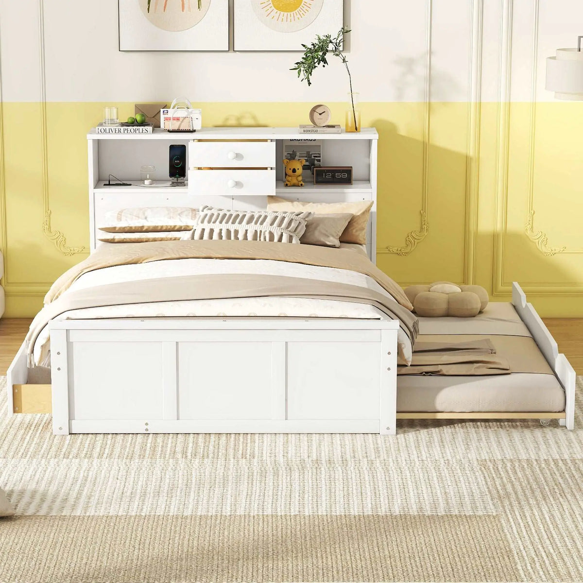 Bellemave Full Size Wood Pltaform Bed with Twin Size Trundle, 3 Drawers, Upper Shelves and A Set of USB Ports & Sockets