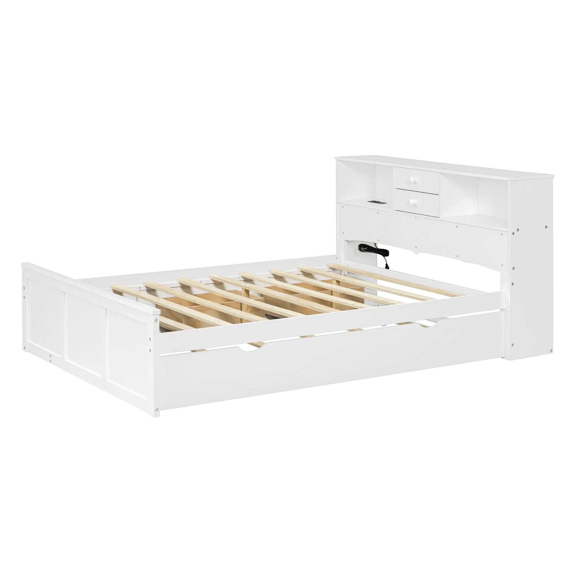 Bellemave Full Size Wood Pltaform Bed with Twin Size Trundle, 3 Drawers, Upper Shelves and A Set of USB Ports & Sockets Bellemave